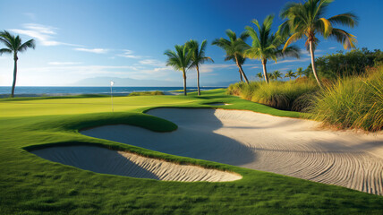 Golf course with green fairways, sand bunkers, palm trees, and ocean view at sunset.