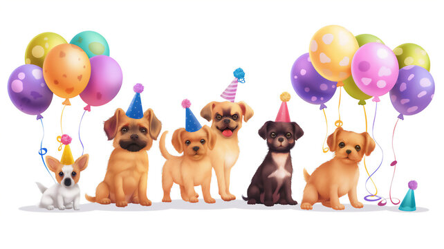 Animated puppies with party hats and colorful balloons, representing celebration and joy.