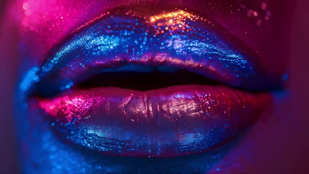 Trendy Makeup Look: Fashion Model with Metallic Silver Lips in Neon Lights. Concept Makeup Trends, Metallic Lips, Fashion Model, Neon Lights, Trendy Look