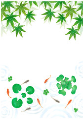 メダカと青もみじの夏らしい涼しげな水彩フレーム背景