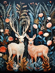 Charming wildlife of deer-patterns, folk art, serene palette ,  illustration