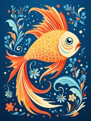 Decorative single big fish, simple lines, repeating patterns ,  flat graphic drawing