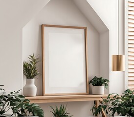  Poster frame mockup with vertical wooden frame in home interior background 