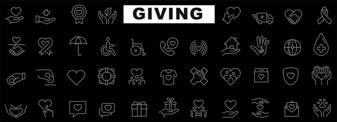 Giving, charity, support icon set. diverse icons of heart, gift, peace, medical aid, accessibility, protection, safety. Themes of generosity, community, philanthropy, volunteer, love, kindness - obrazy, fototapety, plakaty