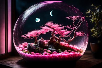 pink bonsai and moon inside the glowing terrarium