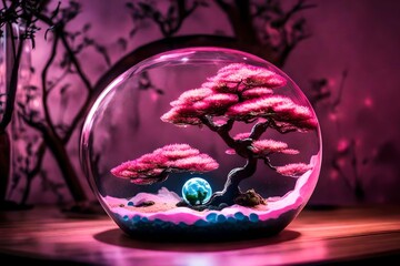 pink bonsai and moon inside the glowing terrarium