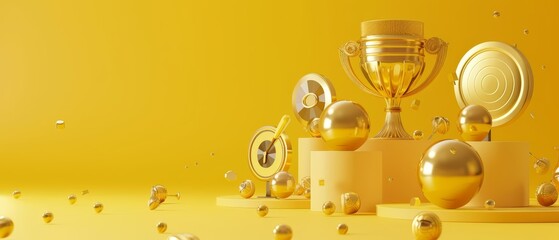 3d render of a gold trophy on a podium with a yellow background