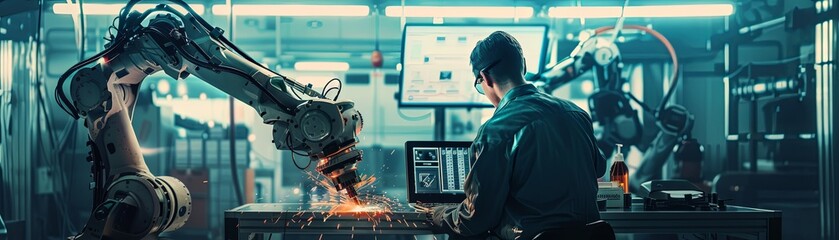 A man wearing safety glasses is welding with a robotic arm