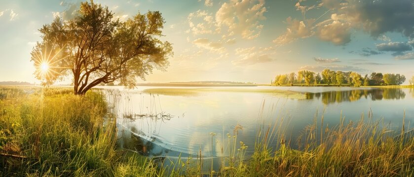 A beautiful landscape image of a lake and a tree with the sun rising over the horizon