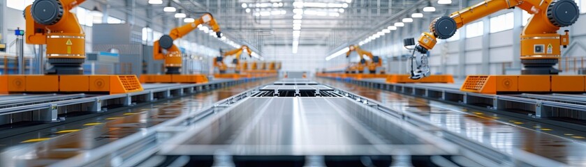 An orange robotic arm on an automated assembly line in a futuristic factory. - obrazy, fototapety, plakaty
