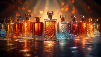 a group of luxury perfume bottles. realistic. Background with sun rays. - obrazy, fototapety, plakaty