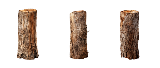 Standing wood log slice tree bark set collections, isolated on transparent background
