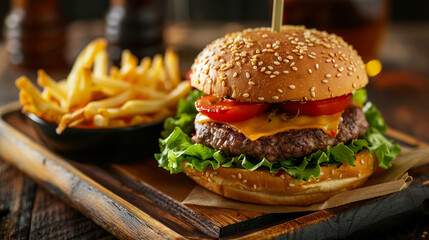 Hamburger and Fries A juicy hamburger topped with cheese, lettuce, and tomato, served with a side...