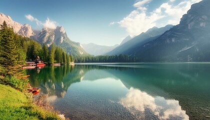 "A serene mountain landscape with a peaceful lake and misty mountains, perfect for a travel brochure."