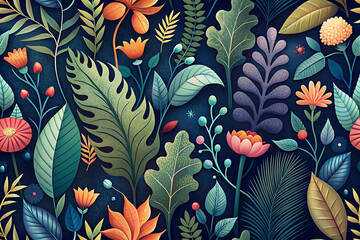 A botanical-themed wallpaper pattern featuring hand-drawn illustrations of leaves, flowers, and vines. AI Generative