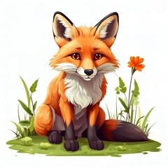 Fototapeta premium Red Fox in cartoon style. Cute Red Fox isolated on background. Watercolor drawing, hand-drawn Red Fox in watercolor. For children's books, for cards, Children's illustration.