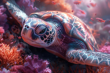  A close-up shot of an underwater turtle, showcasing its detailed shell and serene expression as it swims through the coral reef. Created with Ai
