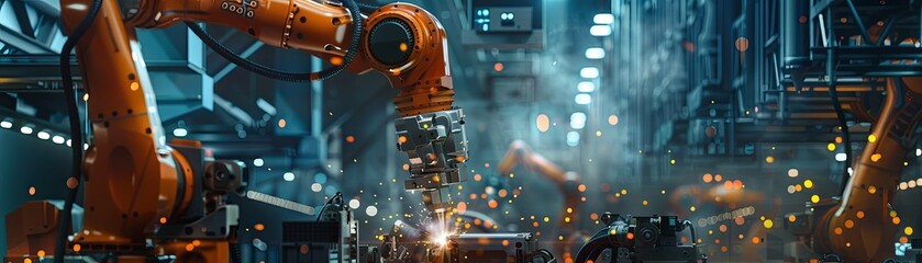 An industrial robot arm welding a car part in a factory.