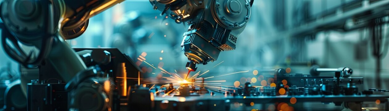 An industrial robot arm is welding a metal part.