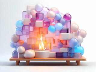3d rendering of a podium with colorful balloons and a burning candle - obrazy, fototapety, plakaty