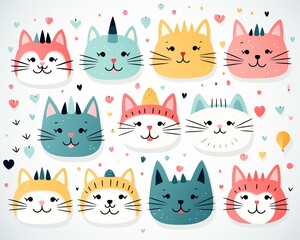 Playful cat patterns, stripes and dots, cheerful group ,  flat graphic drawing