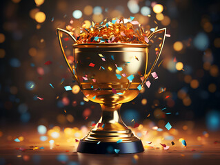 Golden trophy cup with confetti on dark background. 3d rendering - obrazy, fototapety, plakaty