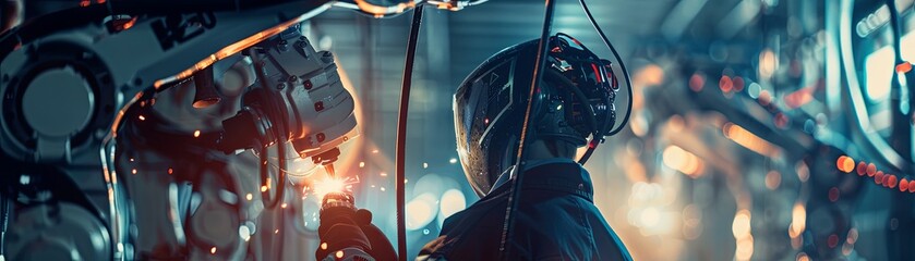 A welder wearing a protective helmet and futuristic suit works on a vehicle in a factory.