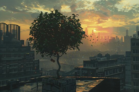 A portrayal of a money tree in an urban setting, contrasting with the cityscape