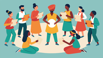 A traditional drum circle with members taking turns reading sections of the Emancipation Proclamation in between rhythmic beats.. Vector illustration