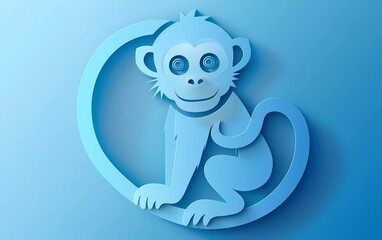Paper cut Monkey icon isolated on blue background. Paper art style. Vector Illustration