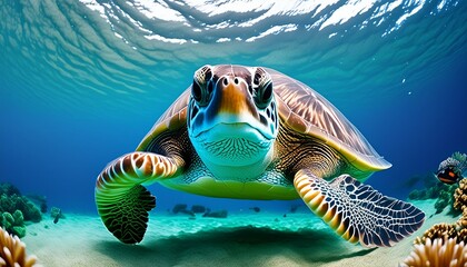 turtle swimming in the sea, wallpaper Model of the underwater world in.glass ball, whales, carals.