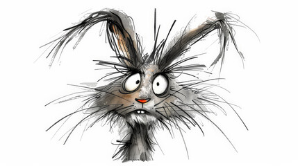 Whimsical Chaos: funny Frazzled Ink Cartoon Rabbit , white background. Generative AI