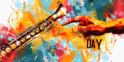 International Jazz Day festival banner. Collage on splashing abstract background. Music band.