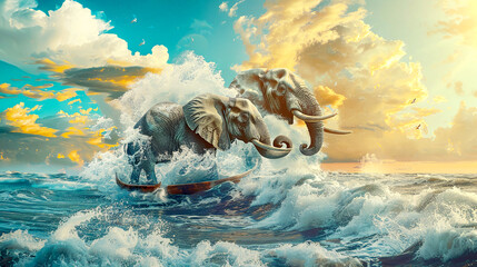 Two elephants sail on a raft across an ocean. Surreal artwork.