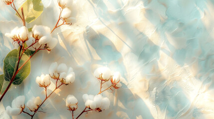 Illustration with cotton and eucalypt on light background.  Concept of nature