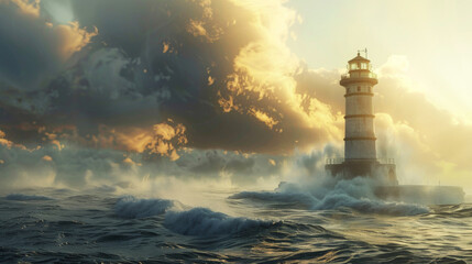 Illustration of sea sunrise landscape. Lighthouse in stormy weather