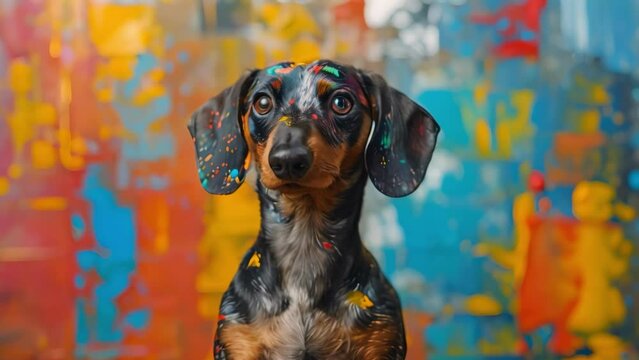 Dachshund dog artist holding paintbrush promoting art lessons online and offline. Concept Pet Portraits, Dachshund Art, Online Classes, Pet Artist, Paintbrush Skills