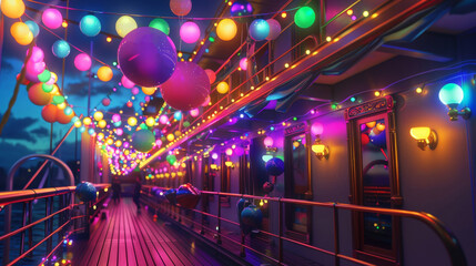Party on a ship with balloons and lights. Festive banner. Holiday concept.