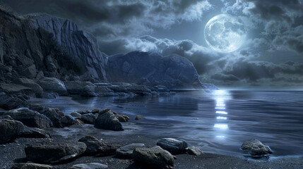 Rocky seashore, sea and moon. Mystery night landscape