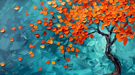 Tree with orange leaves on blue background. Oil painting Asian banner.