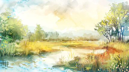 Beautiful outdoor nature scenery with valley in summer. Spring landscape illustration.