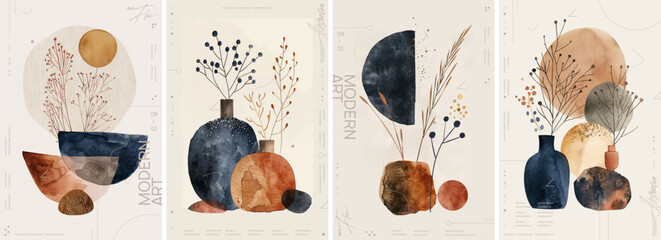 A set of four watercolor illustrations in the style of modern boho art, featuring abstract geometric shapes and vases with dried plants, with earthy tones such as navy blue, brown, and beige. - 797410900
