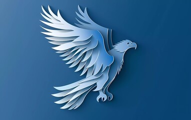 Paper cut eagle icon isolated on blue background. Paper art style. Vector Illustration
