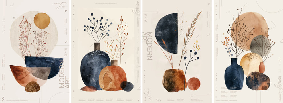 A set of four watercolor illustrations in the style of modern boho art, featuring abstract geometric shapes and vases with dried plants, with earthy tones such as navy blue, brown, and beige.