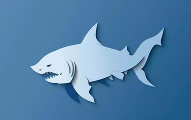 Paper cut Shark icon isolated on blue background. Paper art style. Vector Illustration