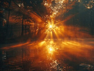 Golden hour sunlight streaming through forest