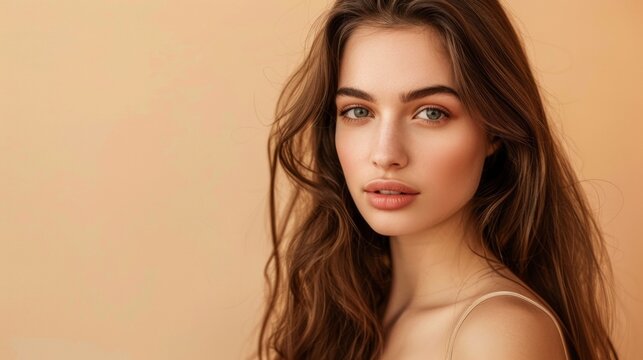 A woman with long brown hair and a tan background