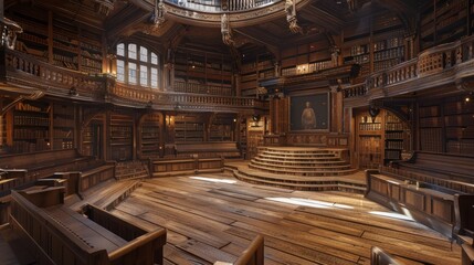 A large wooden library with a high ceiling and a balcony. There is a painting of a person on the wall. - obrazy, fototapety, plakaty