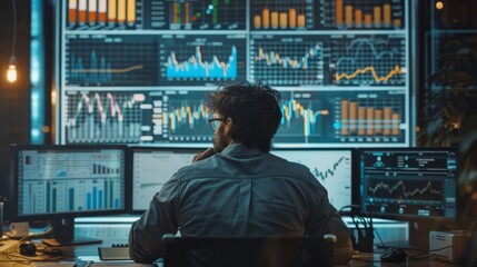 Obraz premium A man in glasses sits in front of a large bank of computer monitors displaying stock market data.