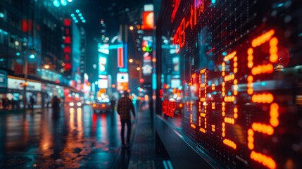 A man walks alone through a busy city street at night, illuminated by the lights of the buildings and the digital billboards.